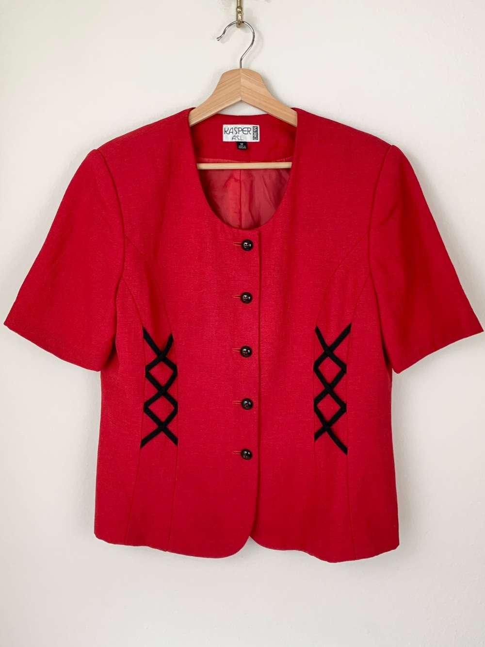 Vintage Kasper ASL Red Short Sleeve Button Front Dress Jacket Lace Up detail